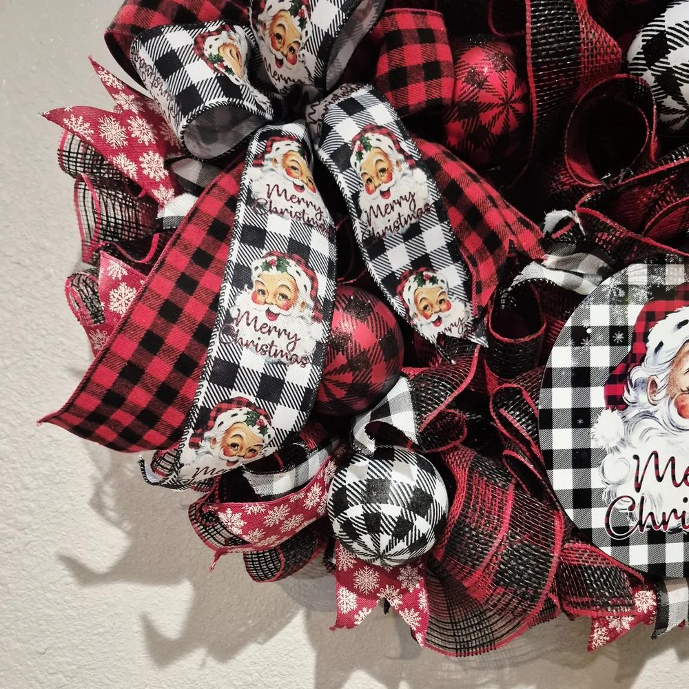 Festive Red and Black Santa Christmas Wreath Large Holiday Wreath Buffalo Check
